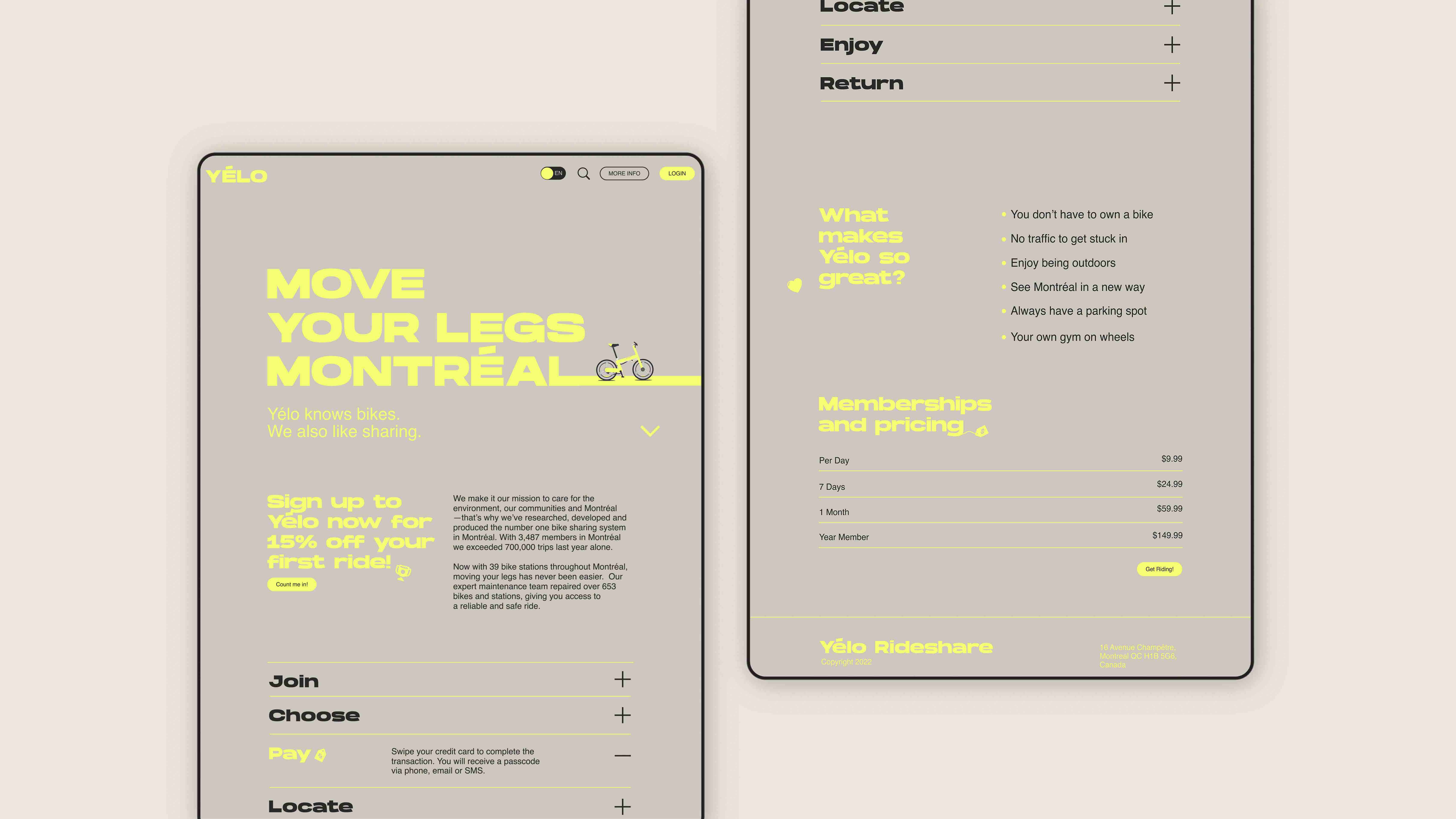 A website layout for a Montral based bikeshare company